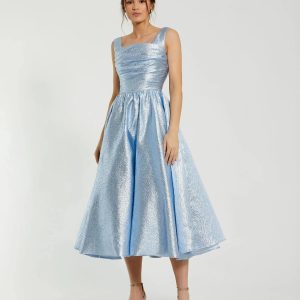 Blue Taffeta Square Neck Sleeveless A-Line Midi Dress