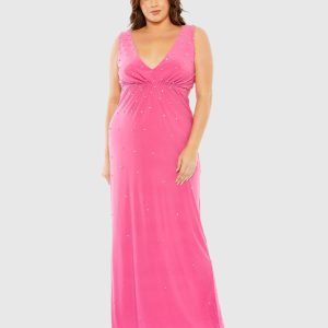 Pink Rhinestone Embellished Open Back Jersey Gown (Plus) - FINAL SALE