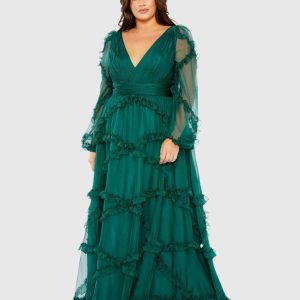 Green V Neck Ruffle Tiered Puff Sleeve Gown (Plus)