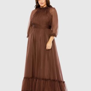 High Neck Puff Sleeve Tiered A Line Gown