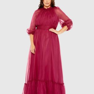 Purple High Neck Puff Sleeve Tiered A Line Gown (Plus)
