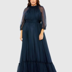 Navy High Neck Puff Sleeve Tiered A Line Gown (Plus)