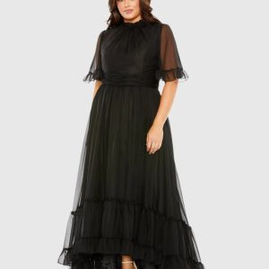 High Neck Flutter Sleeve Ruffle Tiered High Low Gown