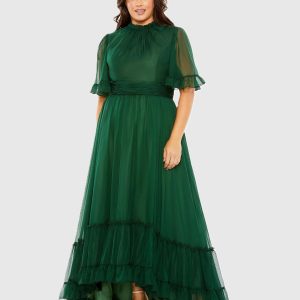 Green Ruffle Tiered High Low Flutter Sleeve Gown (Plus)