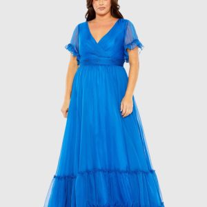 Blue Chiffon Flutter Sleeve A-line Dress (Plus) - FINAL SALE