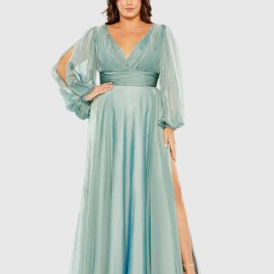 Puff Sleeve w/ Embellished Cuff V Neck A Line Gown