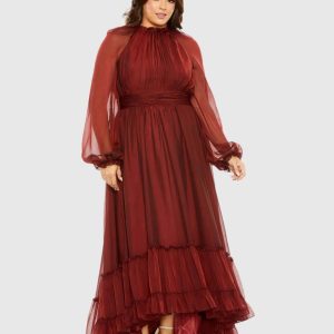 Puff Sleeve w/ Embellished Cuff Mock Neck A Line Gown