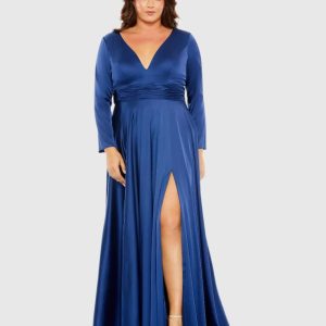 Blue Long Sleeve V Neck A Line Gown - FINAL SALE