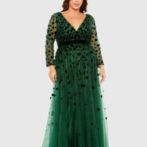 Floral Applique Long Sleeve A Line Gown