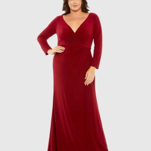 Red Long Sleeve V-Neck Faux Wrap Gown (Plus)