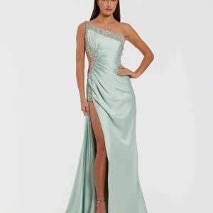 Green One Shoulder Embellished Cut Out Slit Gown