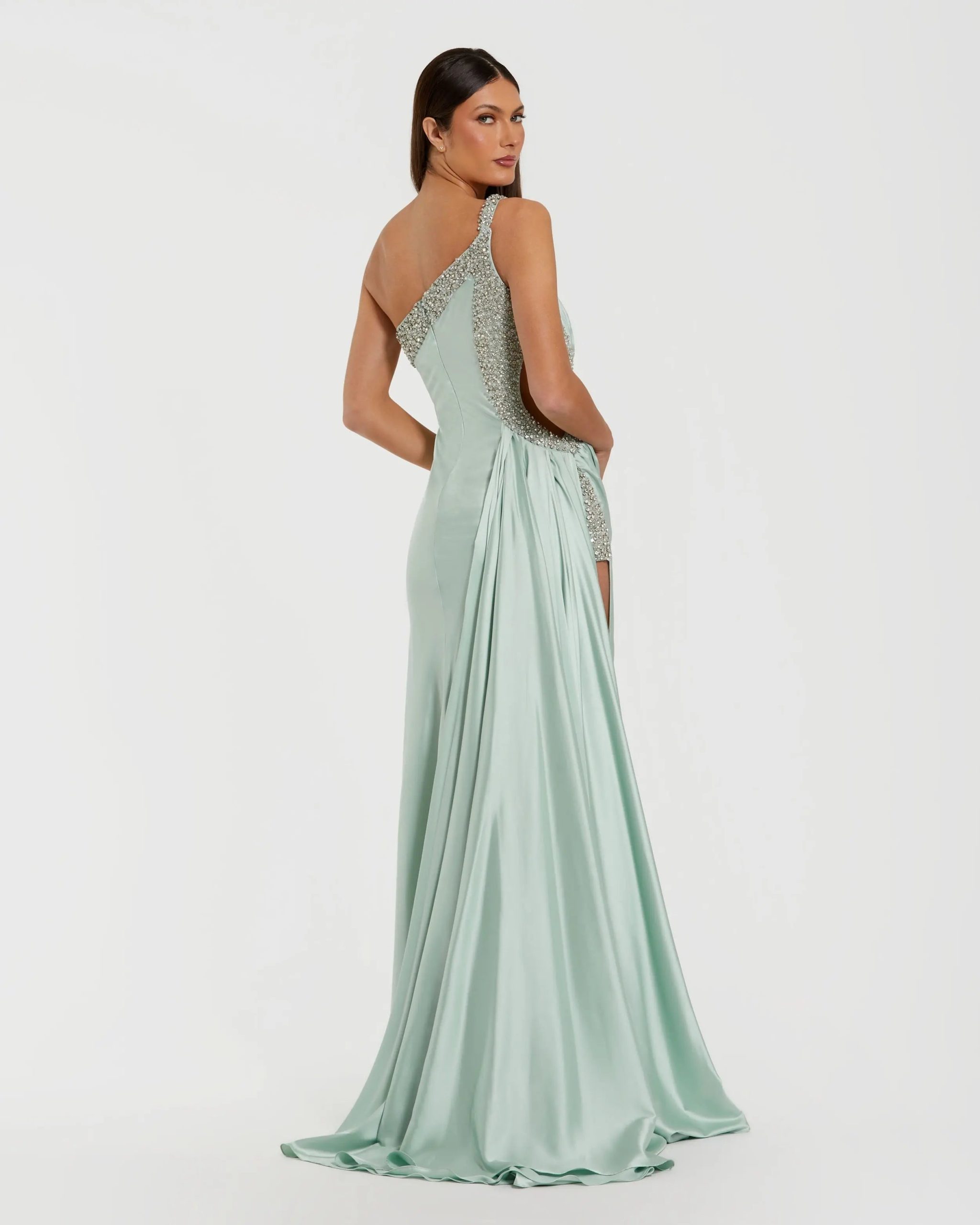 Green One Shoulder Embellished Cut Out Slit Gown - Image 3