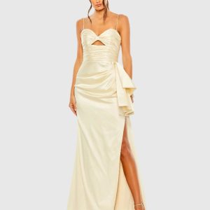 Beige Spaghetti Strap Cut Out Side Bow Gown - FINAL SALE