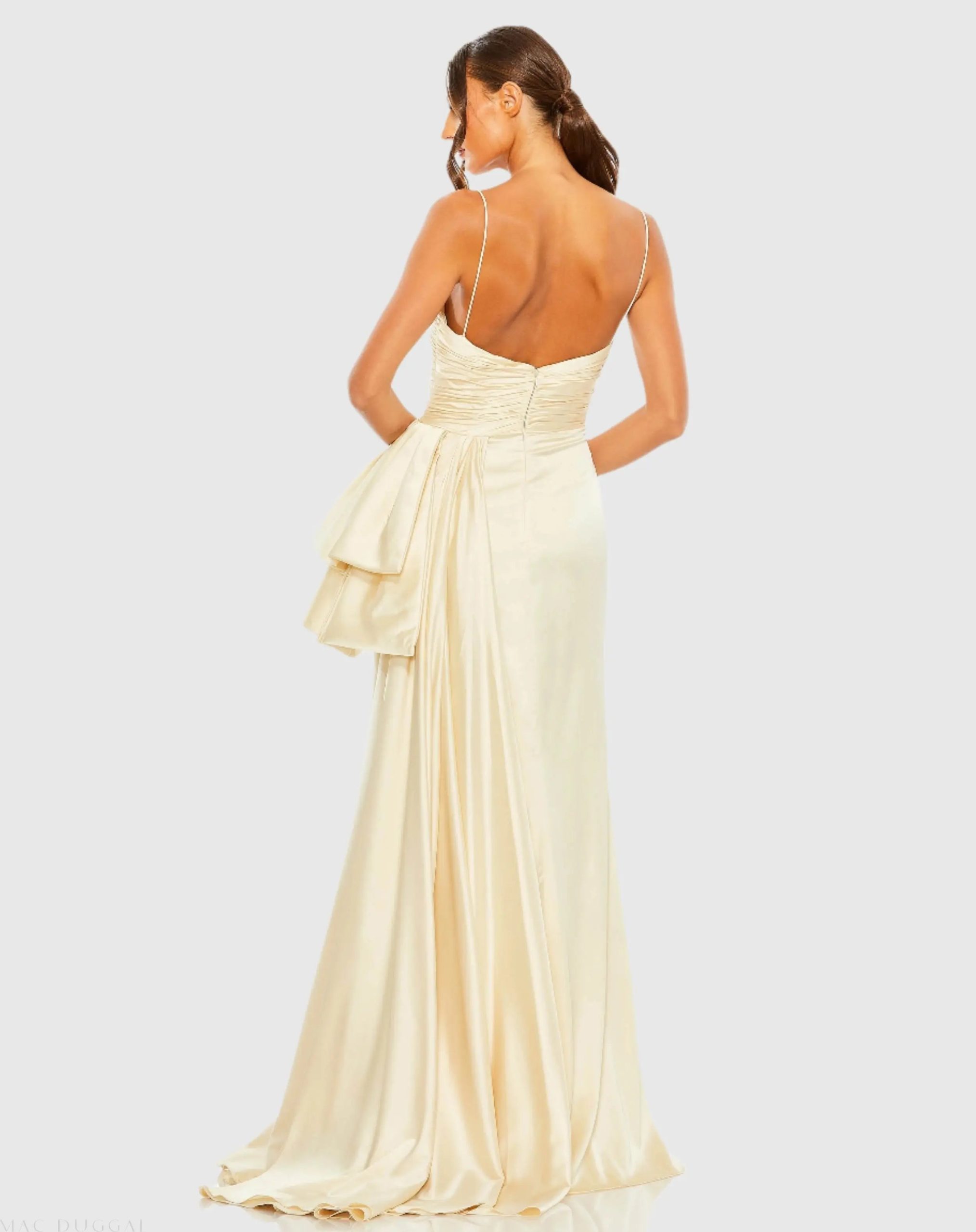 Beige Spaghetti Strap Cut Out Side Bow Gown - FINAL SALE - Image 3