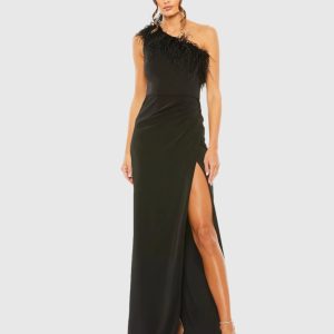Black One Shoulder Feather Trim Gown