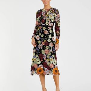 Multicolor Floral Embroidered A-Line Midi Dress