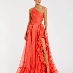 Orange One Shoulder High Low Ruffled Chiffon Gown