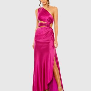 Pink Cut Out One Shoulder Satin Gown