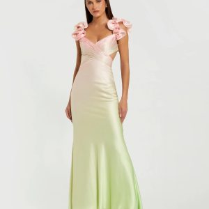 Pink and Green Charmeuse Ruffle Strap Crossover Ombre Gown