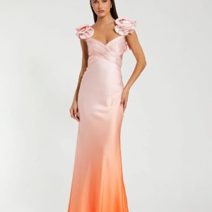 Pink and Orange Charmeuse Ruffle Strap Crossover Ombre Gown