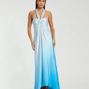 Blue Charmeuse Tie Halter Neck Ombre Gown