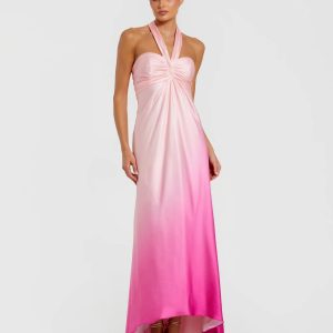 Pink Charmeuse Tie Halter Neck Ombre Gown