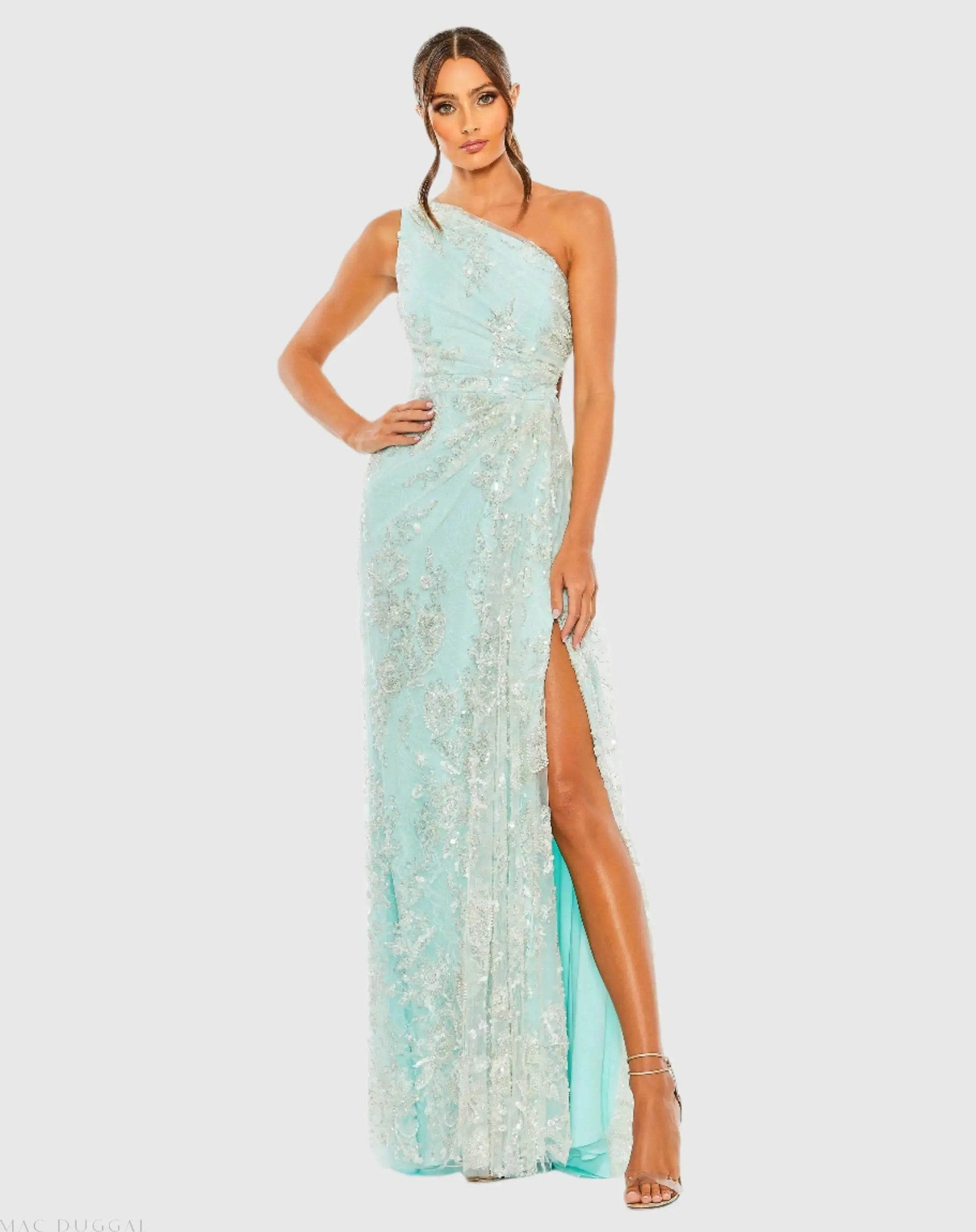 One Shoulder Side Cut Embellished Gown - Image 2