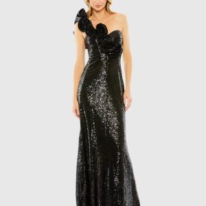 Black Sequin Ruffled One Shoulder Gown