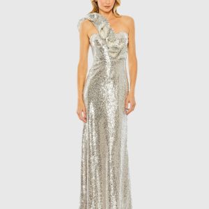 Sequin Ruffled One Shoulder Gown