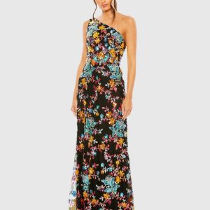 Multicolor One Shoulder Floral Sequin Lace Up Gown