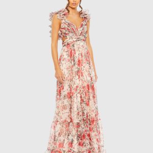 Pink Ruffle Tiered Floral Cut-Out Chiffon Gown