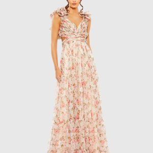 Pink Ruffle Tiered Cut-Out Chiffon Floral Gown