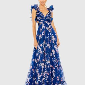 Blue Ruffle Tiered Floral Cut-Out Chiffon Gown