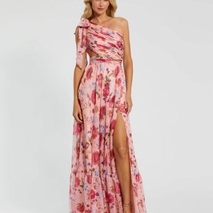 Pink One Shoulder Floral Printed Chiffon Side Cut Out Gown