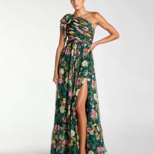 Green One Shoulder Floral Printed Chiffon Side Cut Out Gown