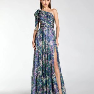 Purple One Shoulder Floral Printed Chiffon Side Cut Out Gown