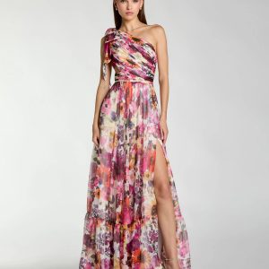 Multicolor One Shoulder Floral Printed Chiffon Side Cut Out Gown