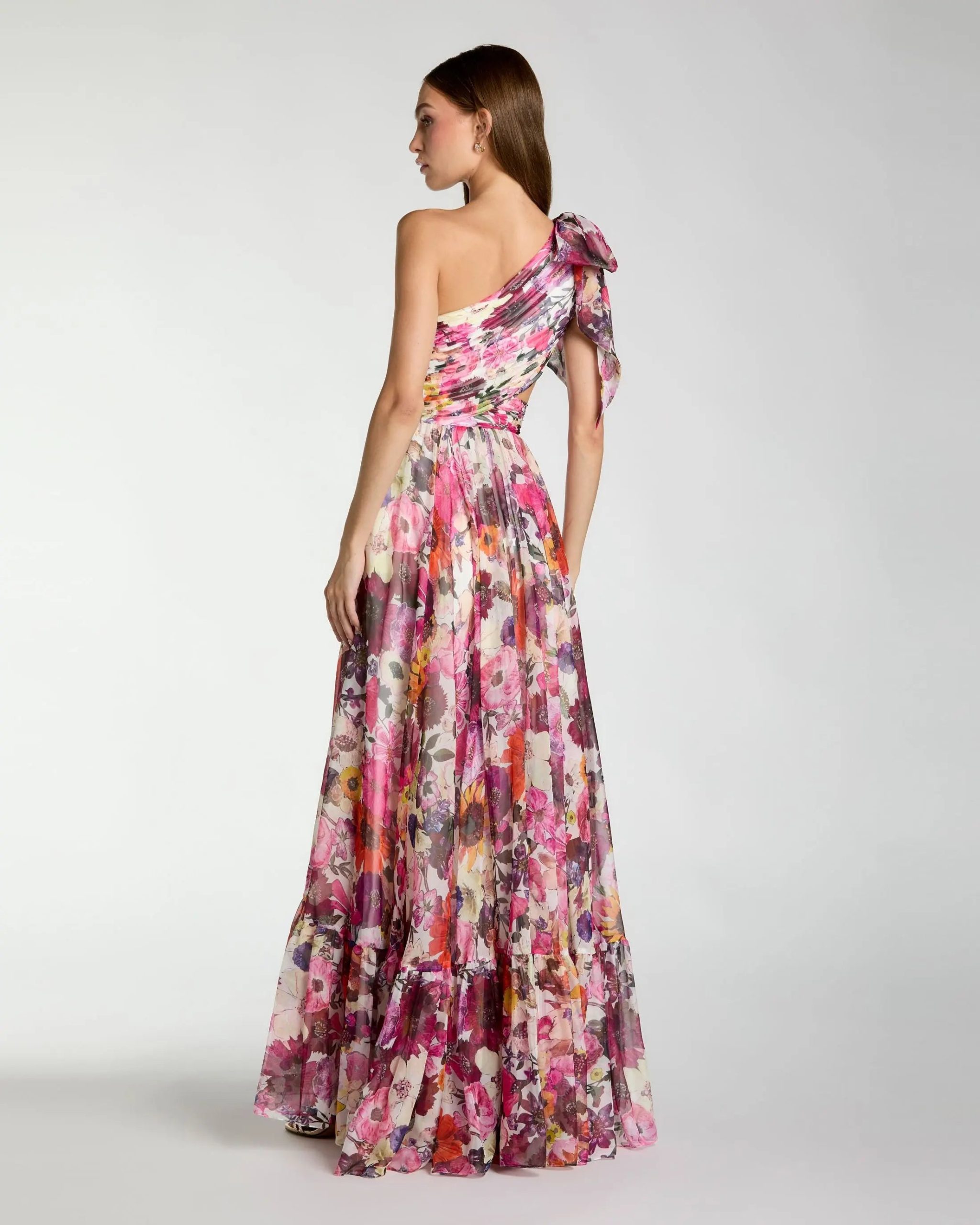 Multicolor One Shoulder Floral Printed Chiffon Side Cut Out Gown - Image 3