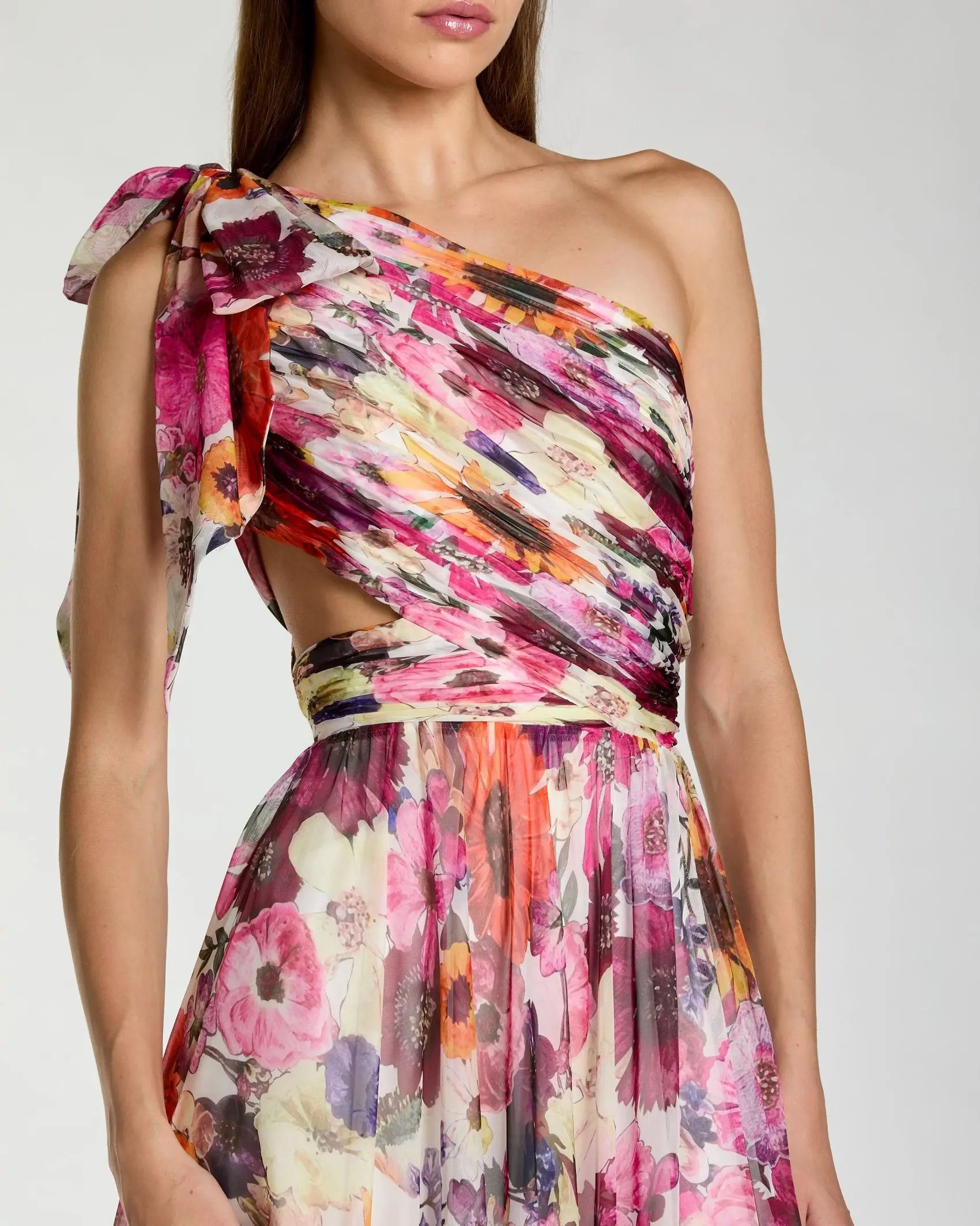 Multicolor One Shoulder Floral Printed Chiffon Side Cut Out Gown - Image 2