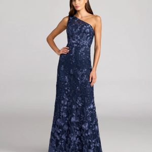 Navy One Shoulder Floral Embroidered Gown