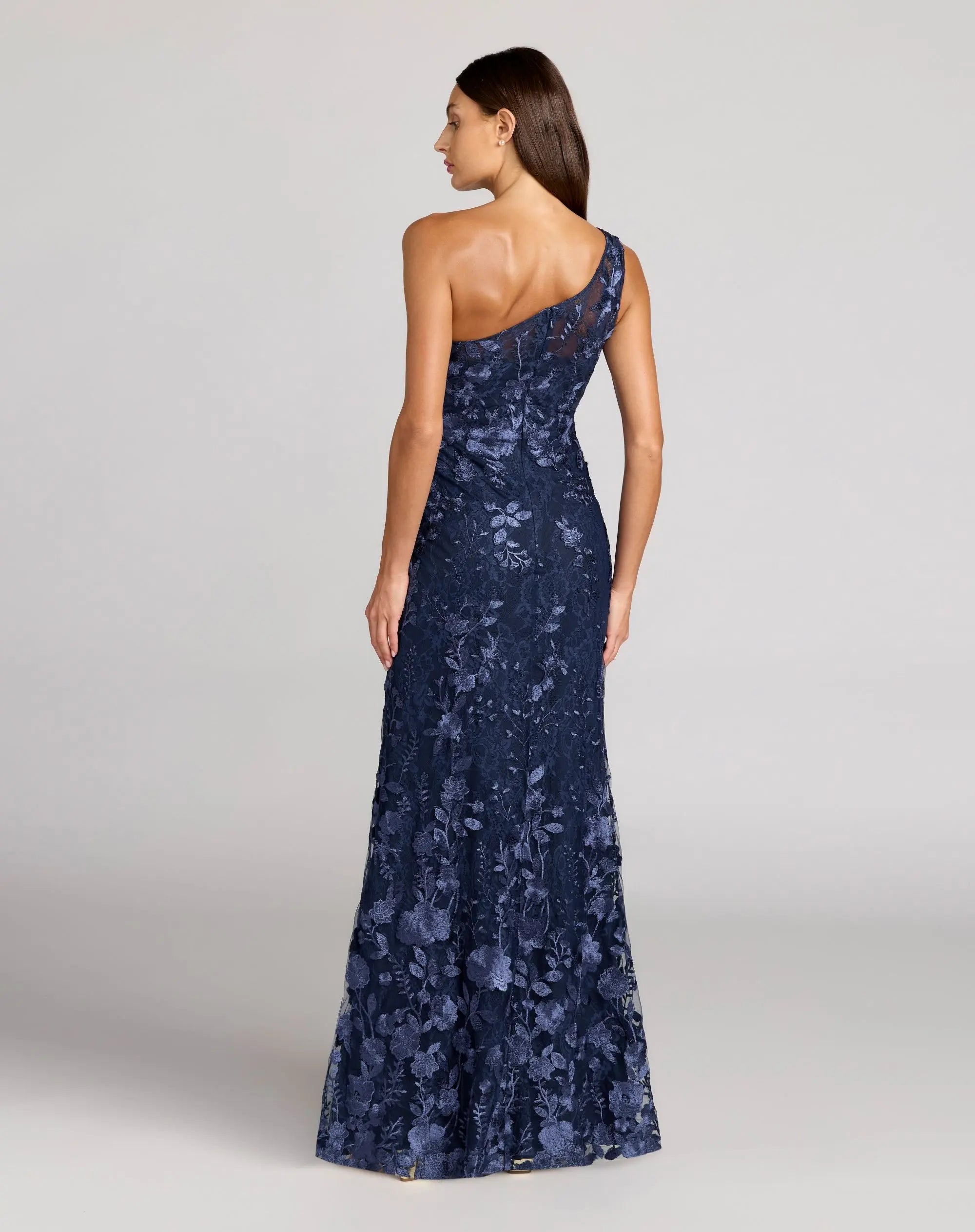 Navy One Shoulder Floral Embroidered Gown - Image 3