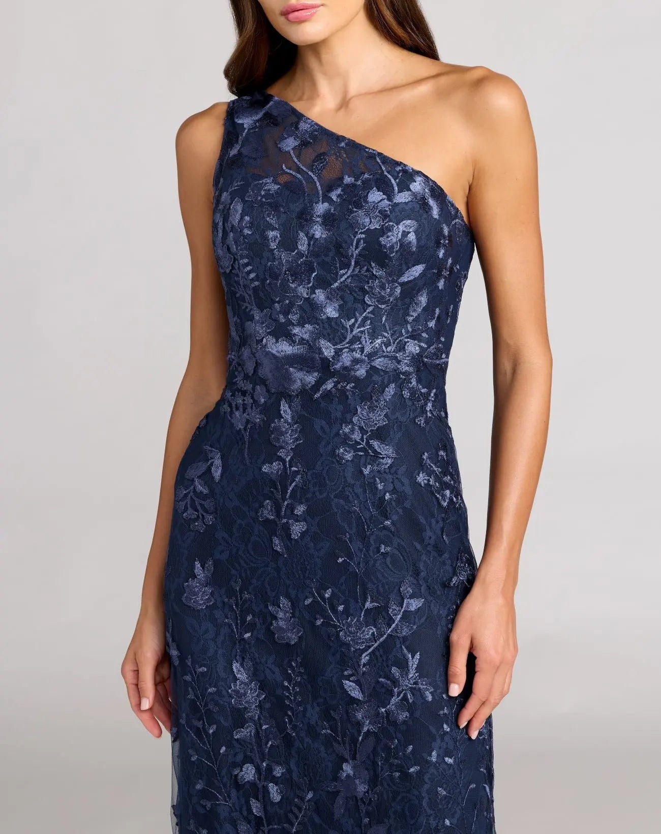 Navy One Shoulder Floral Embroidered Gown - Image 2