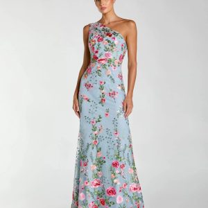 Blue One Shoulder Floral Embroidered Gown