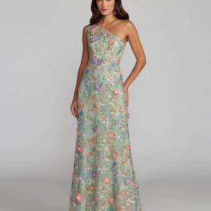 Green One Shoulder Floral Embroidered Gown