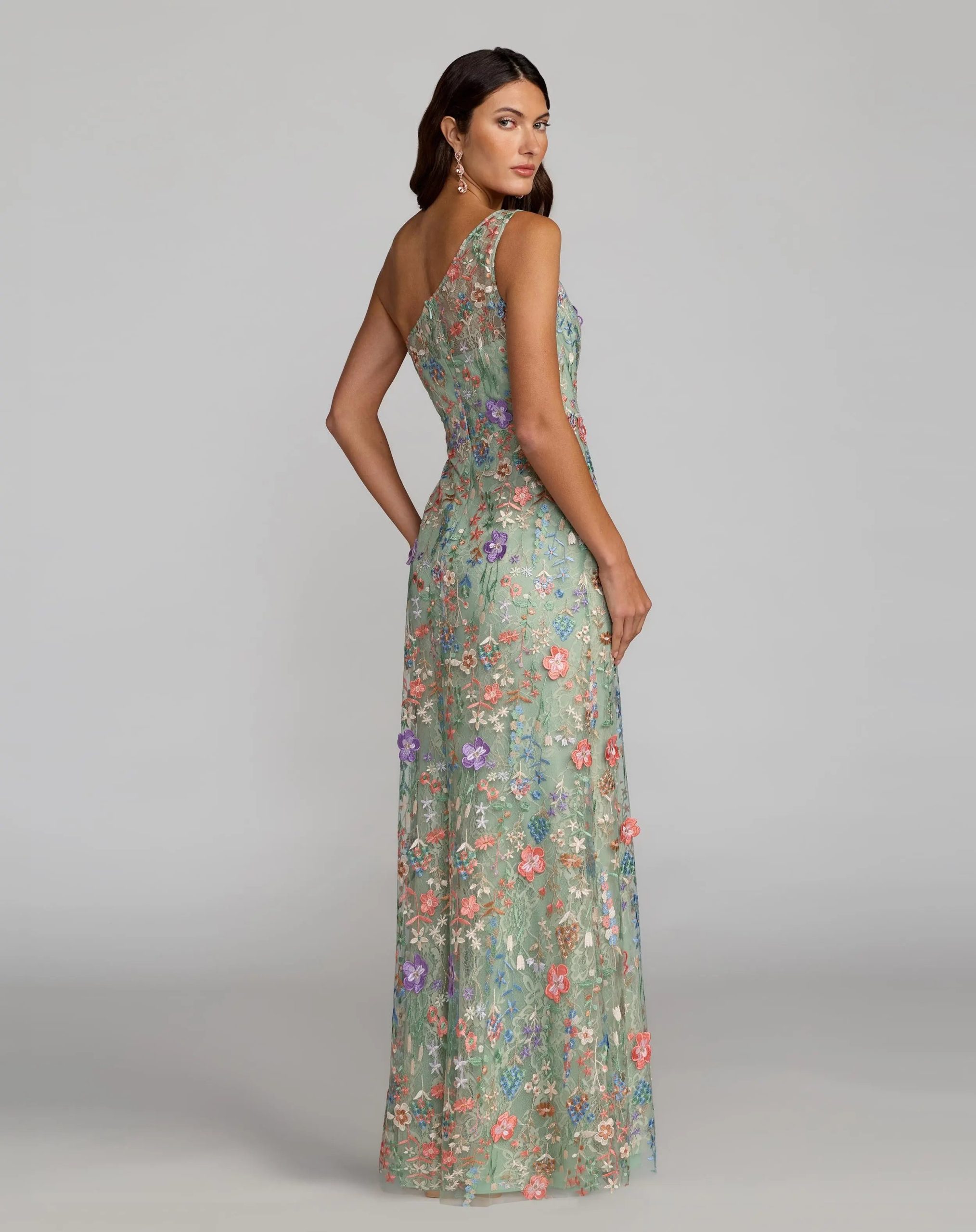 Green One Shoulder Floral Embroidered Gown - Image 4
