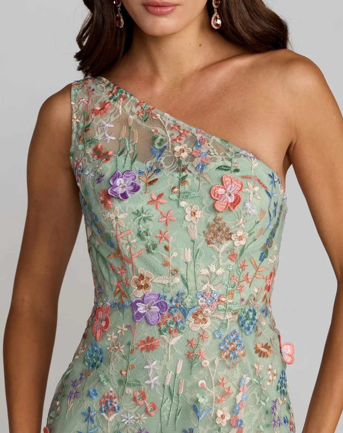 Green One Shoulder Floral Embroidered Gown - Image 2