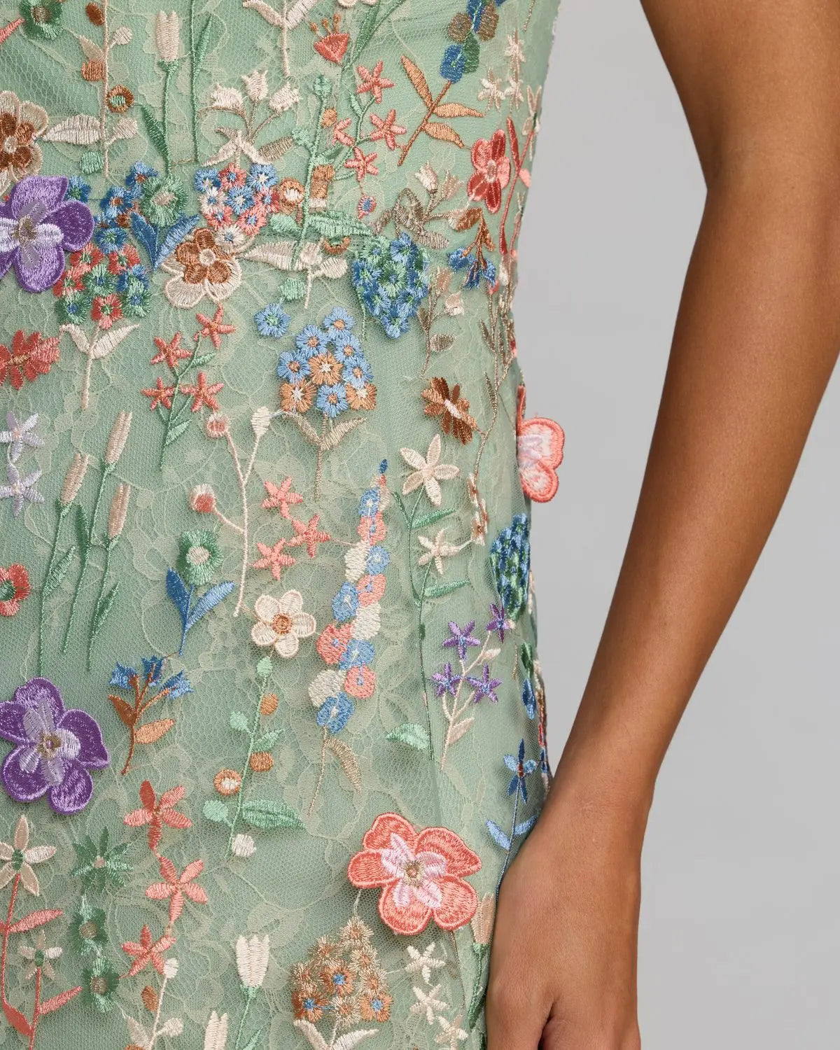 Green One Shoulder Floral Embroidered Gown - Image 3