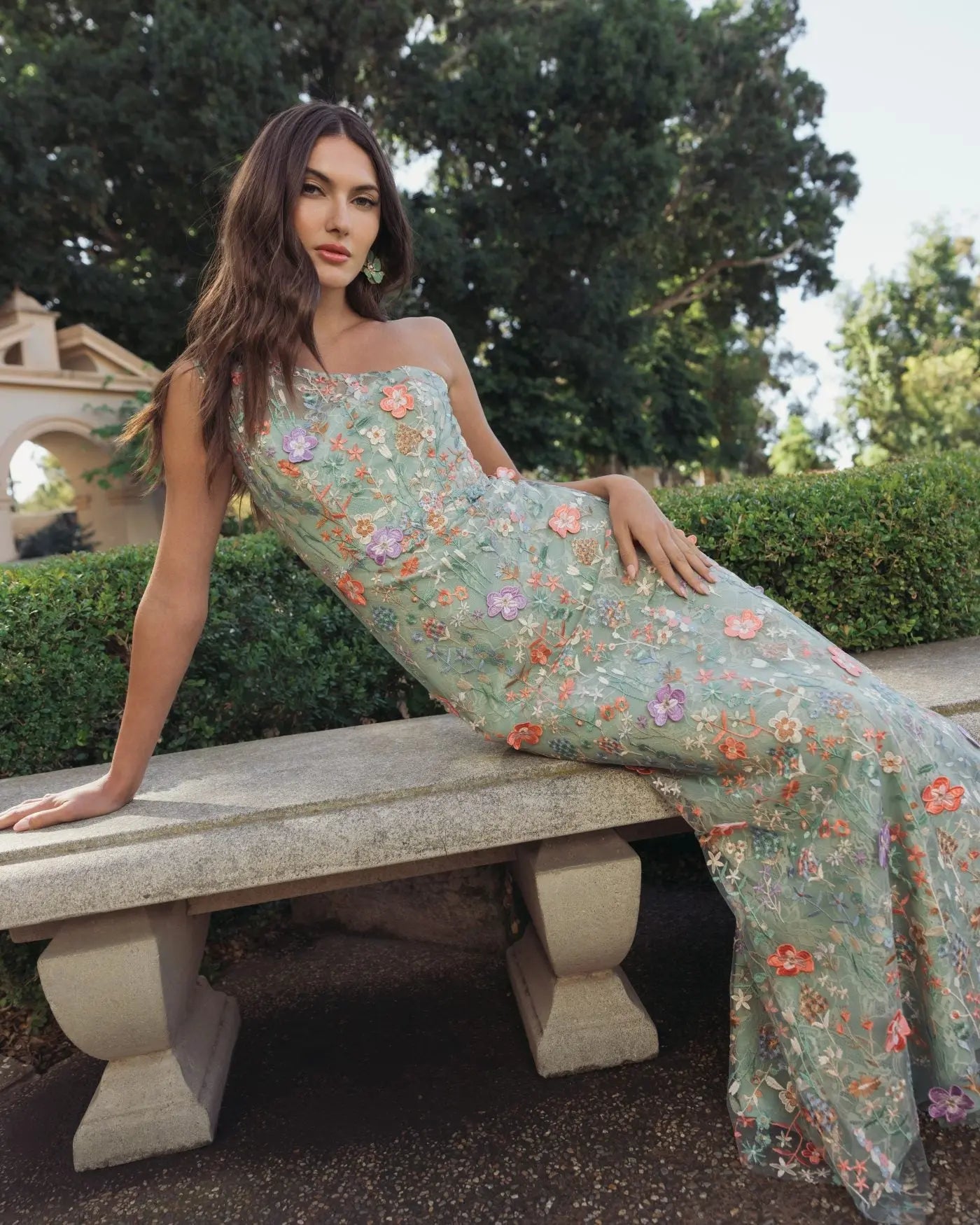 Green One Shoulder Floral Embroidered Gown - Image 7