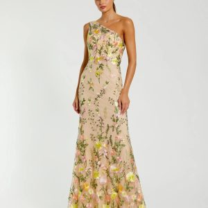 Beige One Shoulder Floral Embroidered Gown
