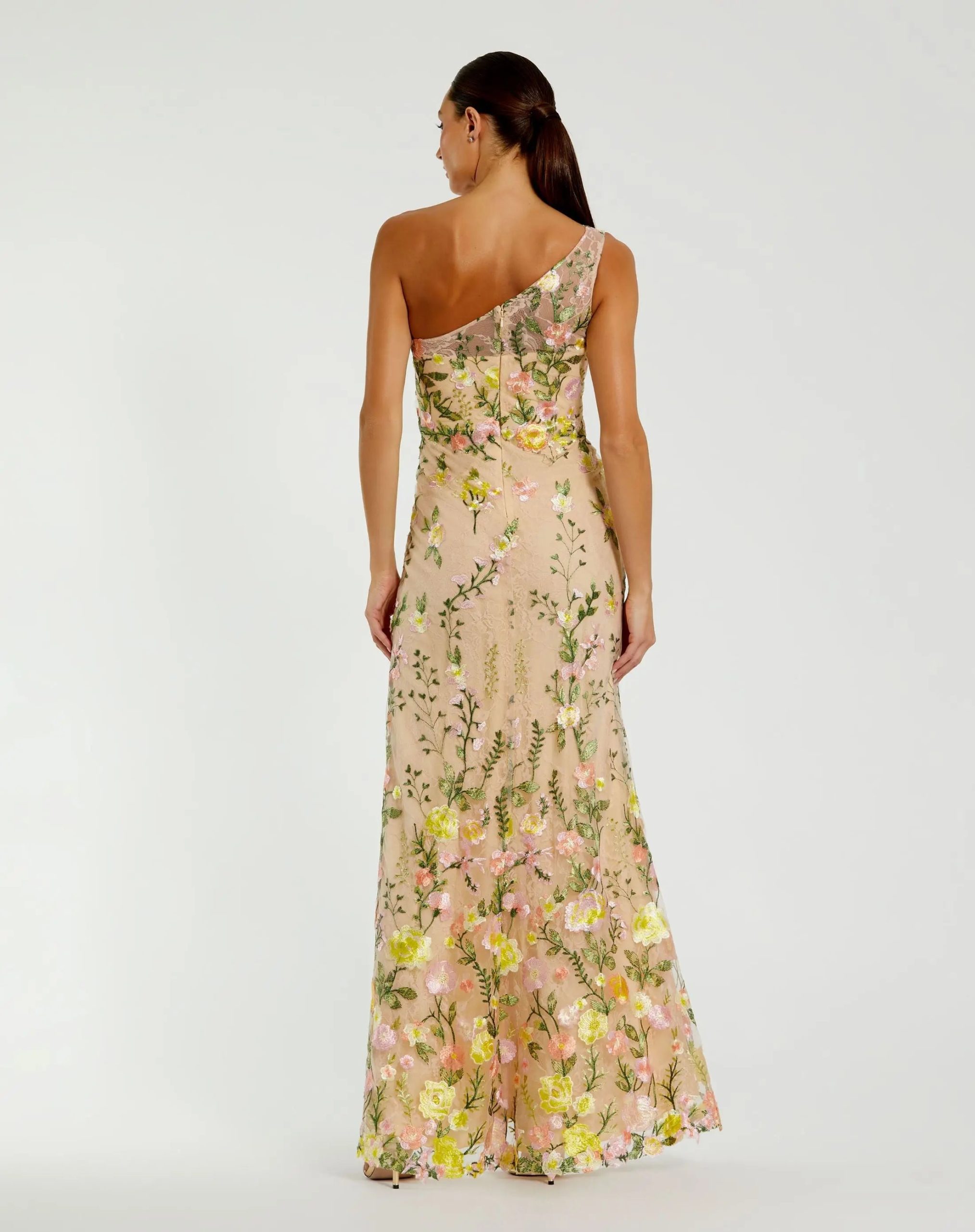 Beige One Shoulder Floral Embroidered Gown - Image 3